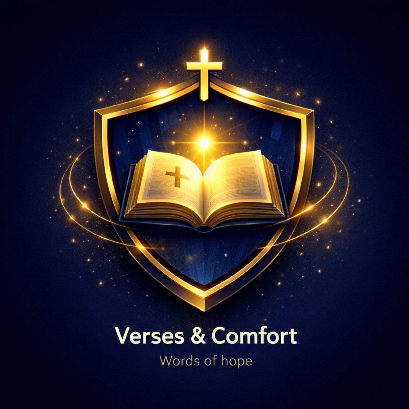 Verses and Comfort — Words of hope: gold shield with open Bible and cross